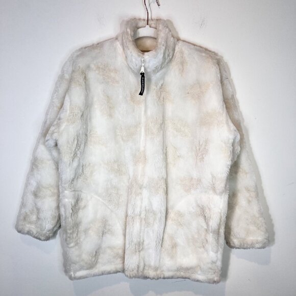 Fuzzy Sherpa Jacket Cream & Beige Leaf Pattern Cozy Full Zip Warm Coat - Picture 12 of 12